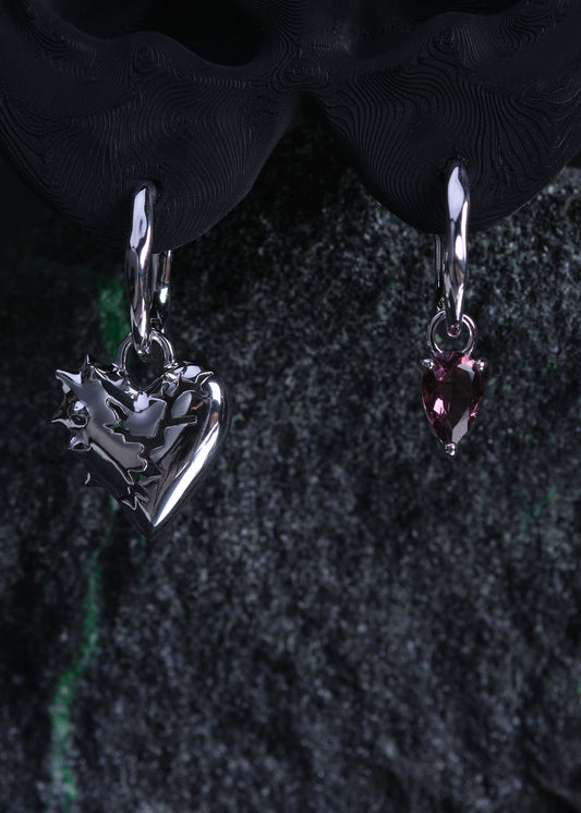 BASE Hoops + CRACKED HEART SPIKED Pendant + CRYSTAL DROP (plum) Pendant